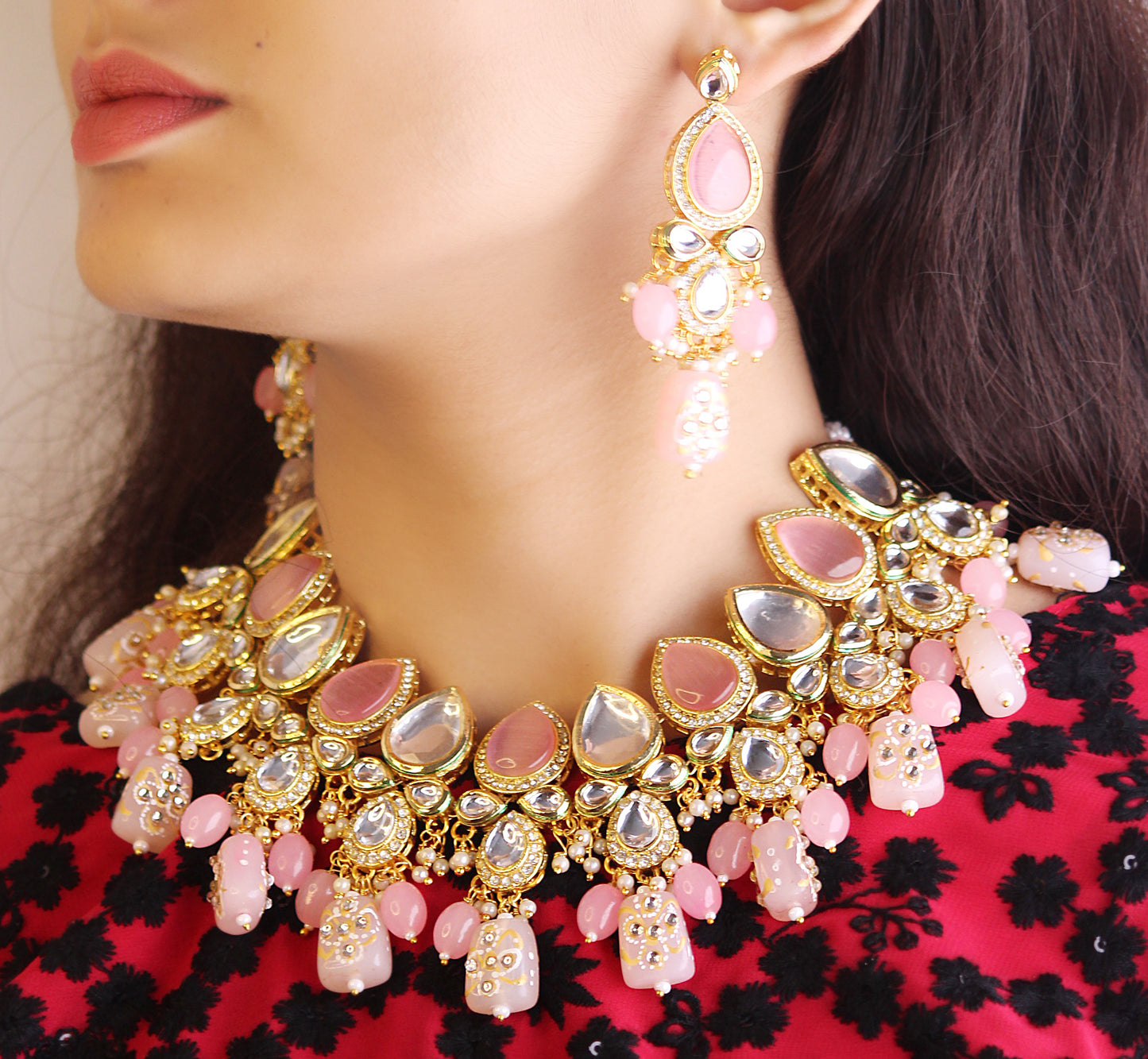 PINK AAHANA KUNDAN JEWELLERY SET